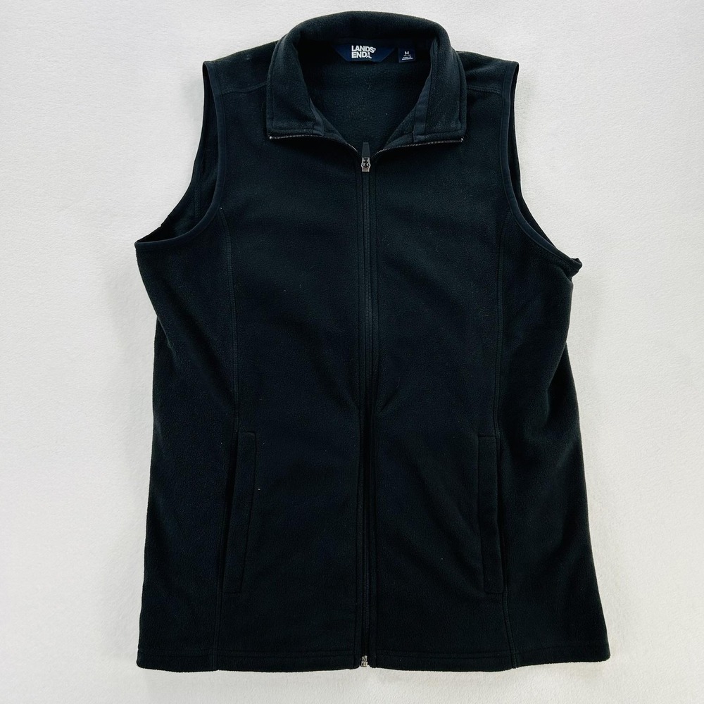 Lands' End Vest Womens Medium Black Fleece Zip Front Pockets Casual Layering